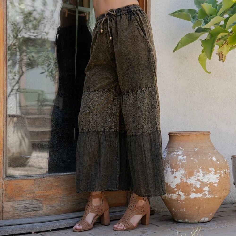 Young Threads Boho Tiered Patchwork Wide-Leg Pants in Amber Size XL